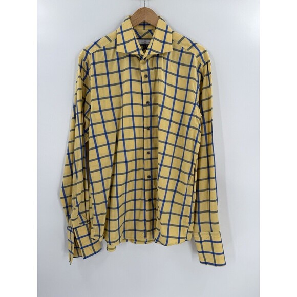 Connaisseur Paris Men's  XLarge 43/44 Yellow Blue Check Button Up Dress Shirt - Picture 5 of 10